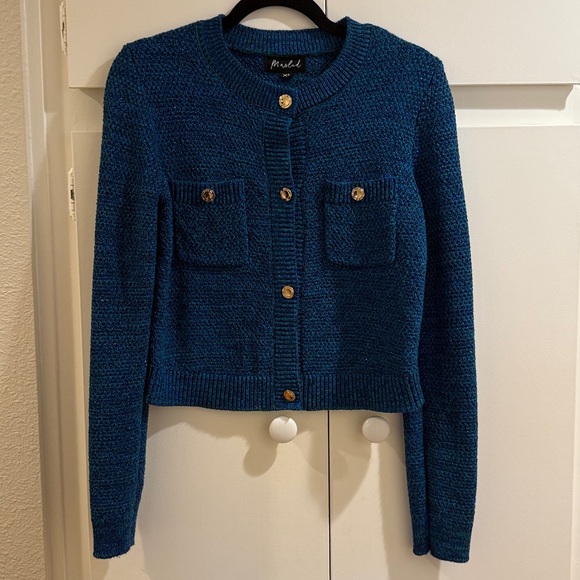 Marled Blue and Green Shiny Textured Knit Sweater Cardigan with Gold Accents - Picture 2 of 5